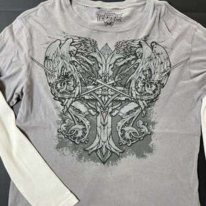 MMA Elite Thermal Shirt Men's Size M Gray Grunge Sport Metal Wings Cross